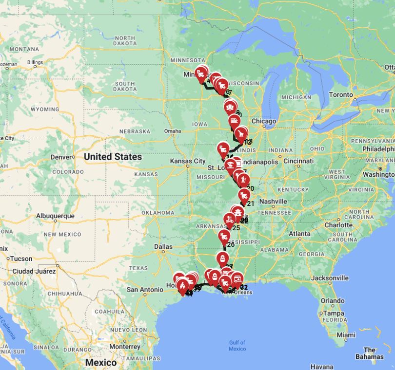 write me an Html Meta Description for RV route plan for a motorhome trip from Minneapolis to Houston